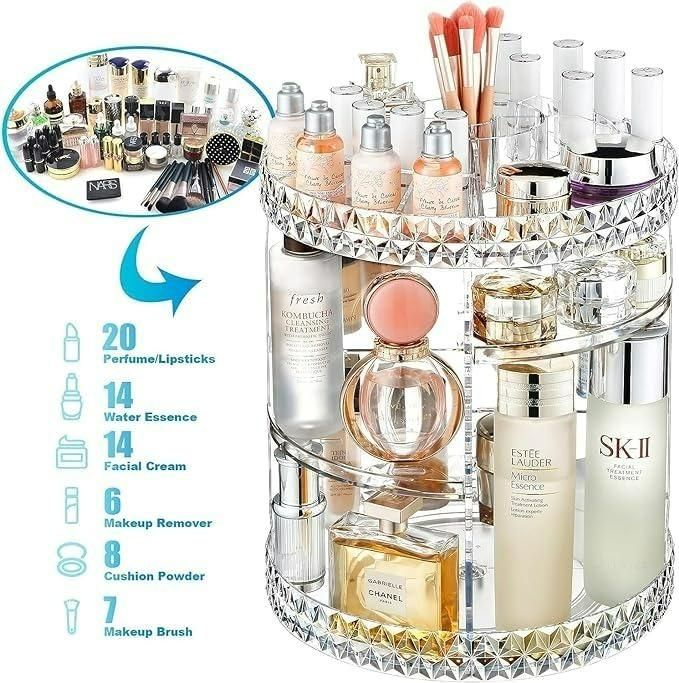 360° Luxury Rotating Makeup Organizer | Premium Adjustable Cosmetic Storage